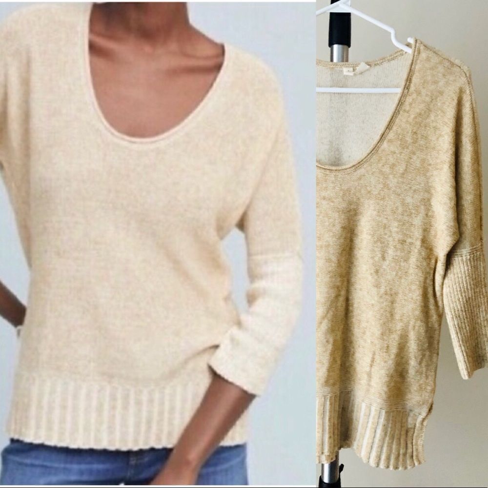 ANTHROPOLOGIE‎ MOTH Cotton Linen 3/4 Sleeve Sweater in Tan Yellow Gold / Sz S